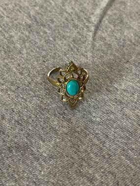 Gold Floral Teardrop Ring with Turquoise Cabochon - Women Jewelry